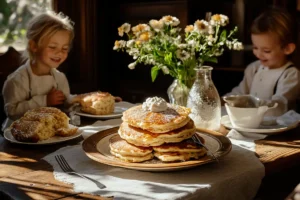 A stack of pancakes topped with whipped cream and powdered sugar sits on a table with two children in the background.
