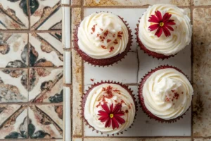 Four red velvet cupcakes with cream cheese frosting and red flowers sit on a tiled tray.