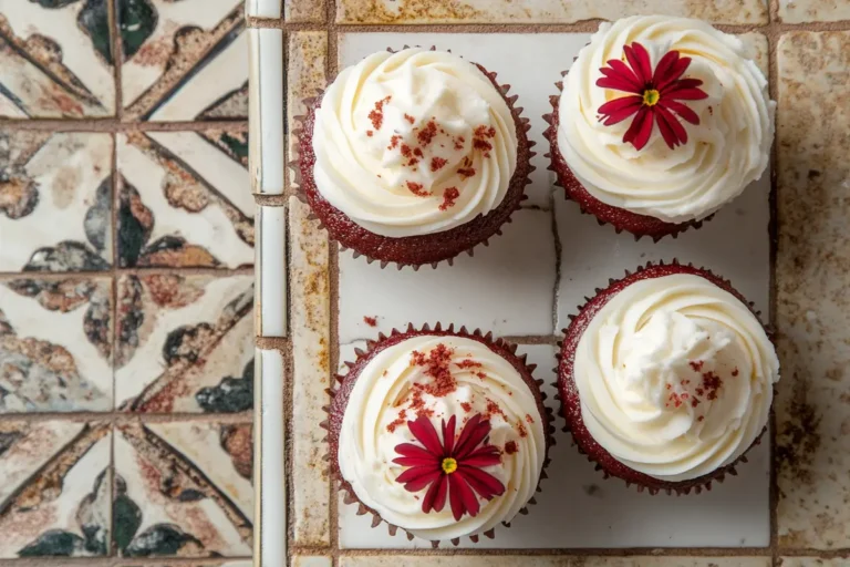 Four red velvet cupcakes with cream cheese frosting and red flowers sit on a tiled tray.